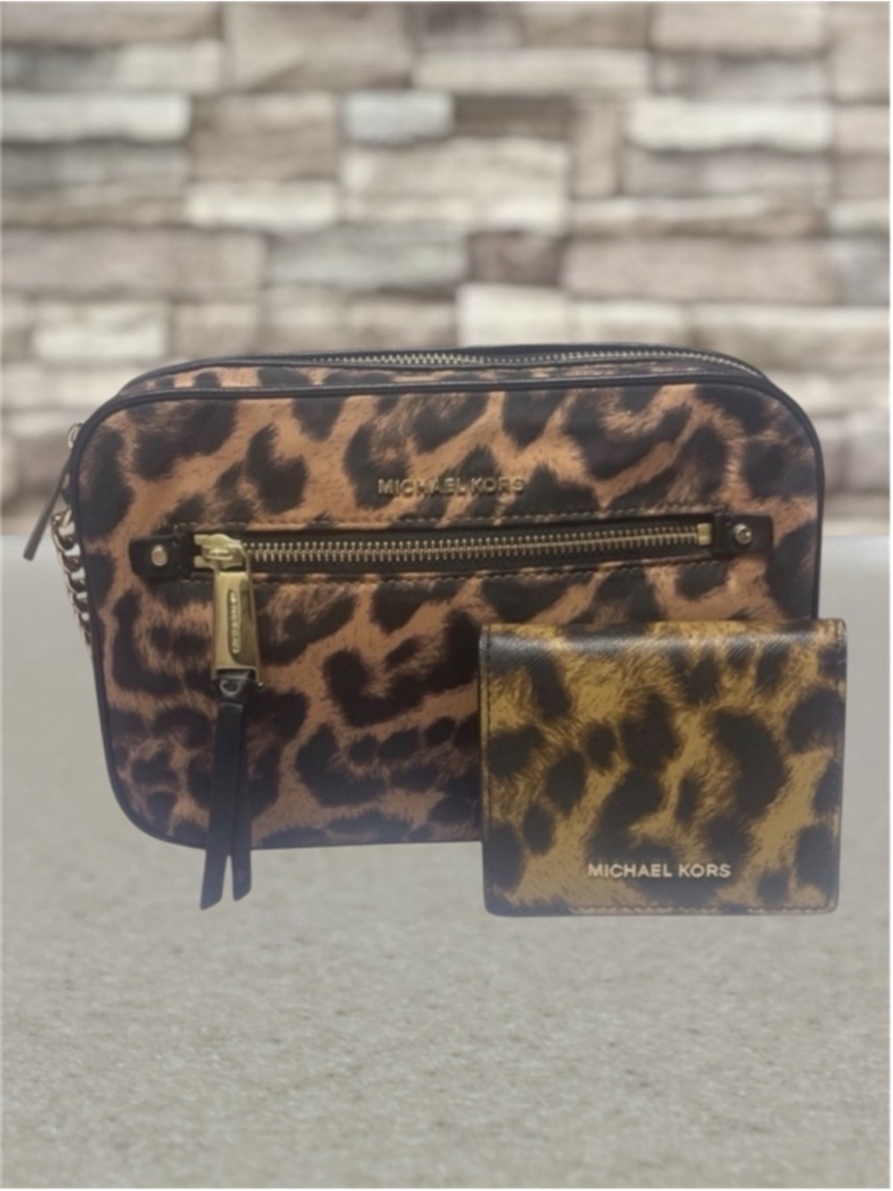 Michael Kors Polly Large Nylon Crossbody & Matching Wallet Cheetah Butterscotch